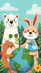 Naklejka premium Flat illustration of cute animals planting trees, recycling, holding earth, eco-friendly lifestyle concept