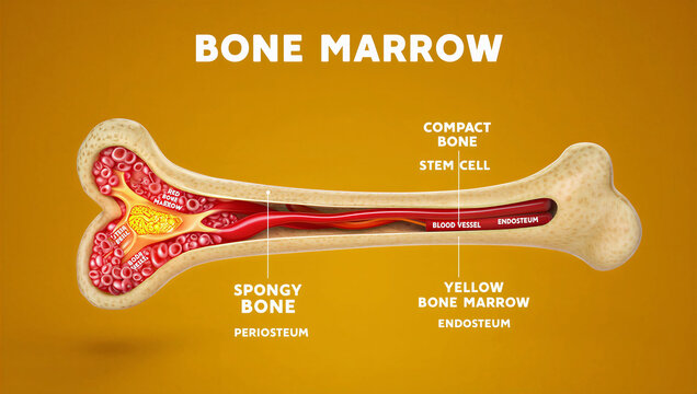 Anatomy of a bone with labeled parts including marrow and compact bone structure