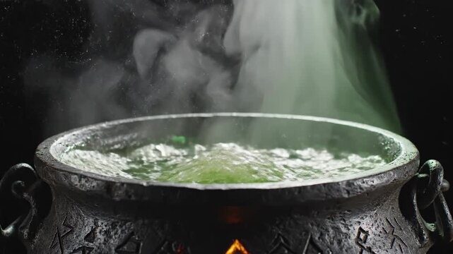 Close-up of a dark cauldron with a bubbling green liquid, emitting smoke and magical sparks.