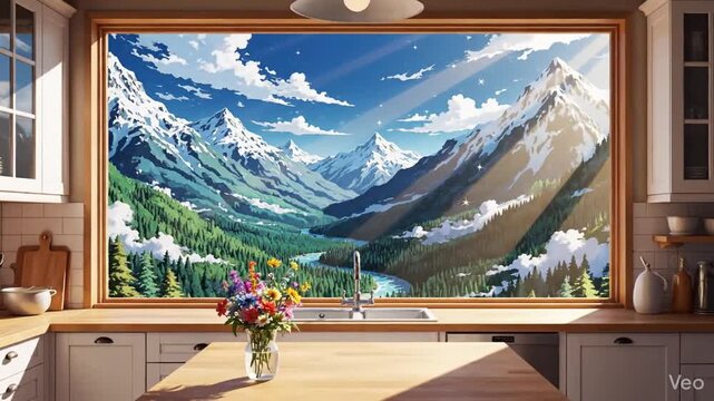 Cozy Aesthetic Kitchen Interior with Scenic Mountain Landscape View through Window in Vibrant Anime Art Style 4K Seamless Loop Animation Video for Background and Lo-fi Chill Music Visuals