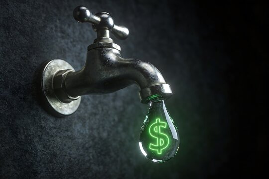 Metal faucet dripping water shaped like dollar symbol representing cost, financial loss, resource conservation, sustainability, utility expense, economic value, environmental crisis, and money drain.