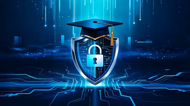 Digital education security concept with shield lock and graduation cap on futuristic technology background