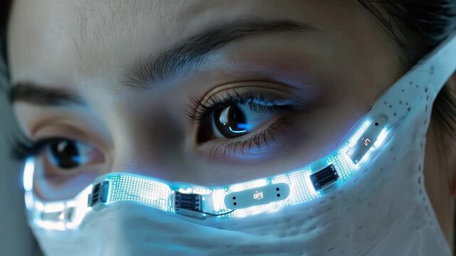Futuristic Mask: A close-up portrait of a person with high-tech mask, highlighting the synergy of health and technology, innovative solutions.