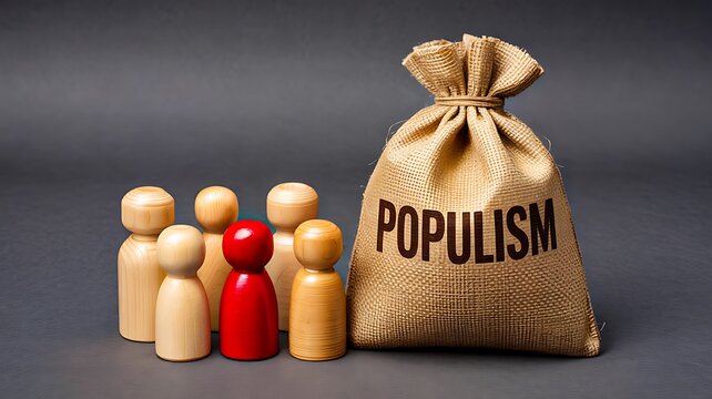 Populism concept with wooden figures and money bag representing political ideology and society