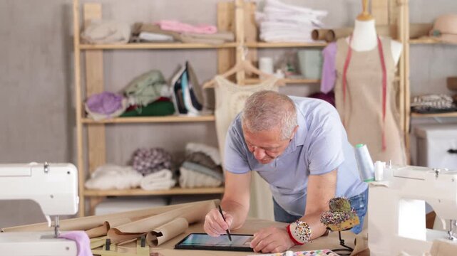 Tailor draws a fashion design with a size grid on a tablet. Male fashion designer working in workshop
