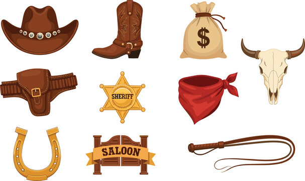 Wild west cowboy elements set, sheriff badge, hat, boots, saloon sign and western accessories vector illustration isolated
