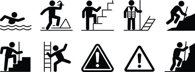 Work safety hazard icon set showing climbing ladders stairs fall risks warning symbols black vector silhouettes isolated background design © LatifunNahar