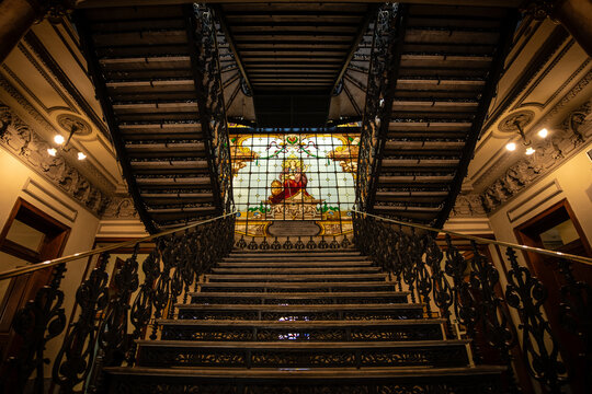 Historic Staircase and Stained Glass Inside Centro Cultural da Justi&ccedil;a Federal in Rio de Janeiro, Brazil
