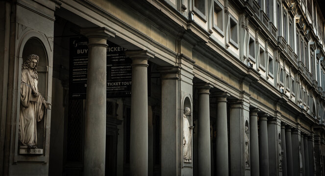 Exterior of Uffizi Gallery with Classical Colonnade and Statues in Florence, Italy