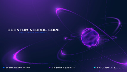 Abstract futuristic technology background showing glowing purple quantum neural core. Deep learning AI network concept with digital data orbit ring. Vector illustration. © witsanu
