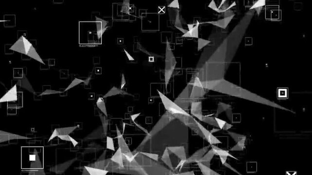 Dynamic geometric shapes and squares float in abstract motion against a black background in digital video footage animation
