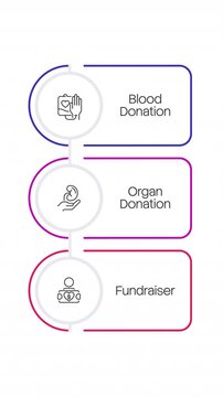 Donations vertical multicolor linear timeline infographics animation. Healthcare and medical support. Fundraising for patients. Volunteering activity. Outline icons diagram animated 3 steps. HD video