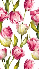Fototapeta premium Pink And Yellow Tulip Flowers With Green Stems And Leaves On A White Background Floral Pattern
