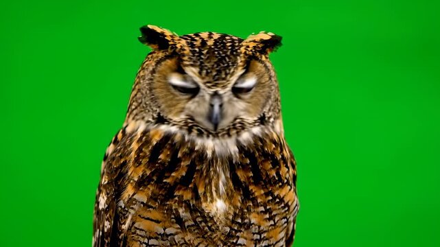 A majestic owl with glowing eyes hooting and looking around, isolated on green screen alone, spooky, bird of prey