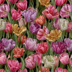 Obraz premium Vibrant Spring Tulips Field Floral Pattern Detailed Botanical Art With Green Stems
