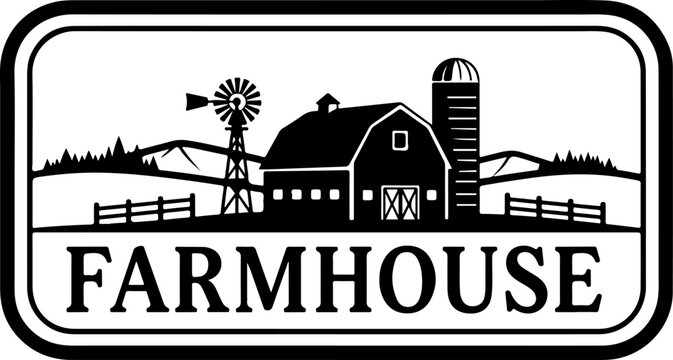 Farmhouse vector logo with barn, windmill and silo