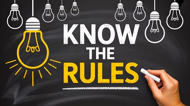 Know the rules text with glowing light bulb and hand writing on chalkboard concept
