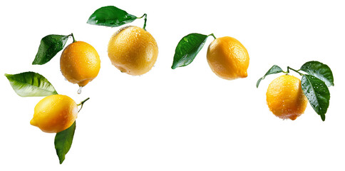 Obraz premium Juicy yellow lemons with green leaves and water drops, isolated on white background. Concept of freshness and citrus