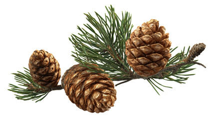 Fototapeta premium Pine cones and needles on a branch, providing a natural forest element for autumn and winter concepts, evergreen foliage with rustic textures on transparent background