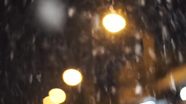 Blurred view of a night scene with bokeh lights and falling particles
