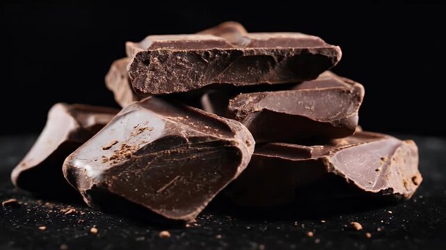 A pile of broken dark chocolate pieces on a black surface