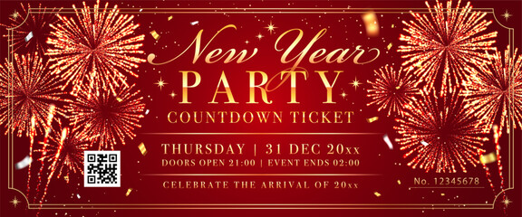 Red & Gold New Year Party Countdown Ticket Template - Festive Fireworks Design 