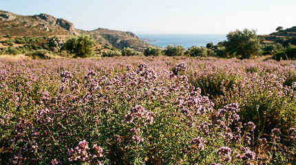 Obraz premium Vast lavender fields under a clear sky near a coastline in late afternoon light