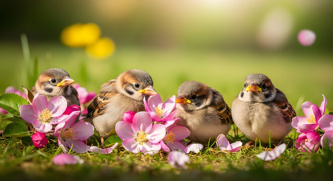 Four small birds sitting on grass with pink flowers created with ai generative