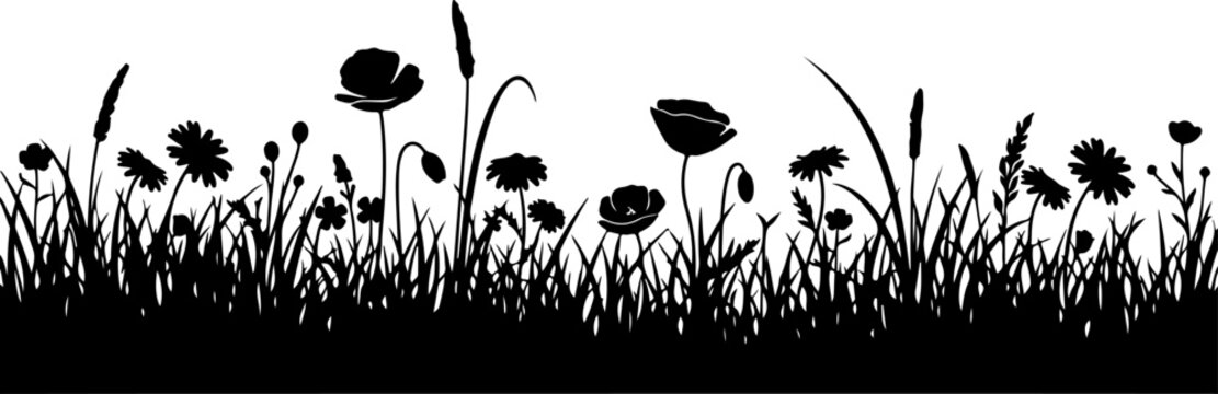 Black silhouette wildflowers and grass vector border