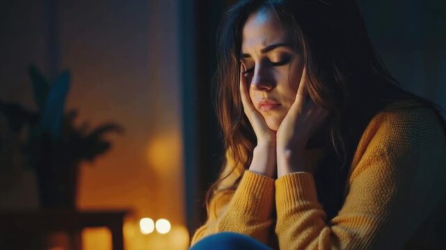 Solitude and Reflection: A young woman sits in deep thought, her face etched with a mix of introspection and melancholic. Capturing a quiet moment of internal reflection