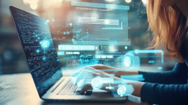 Digital Realm: A woman delves into the digital universe, her fingers dancing across the keyboard of a laptop, as vibrant technological elements intermingle in a futuristic and illuminated workspace.