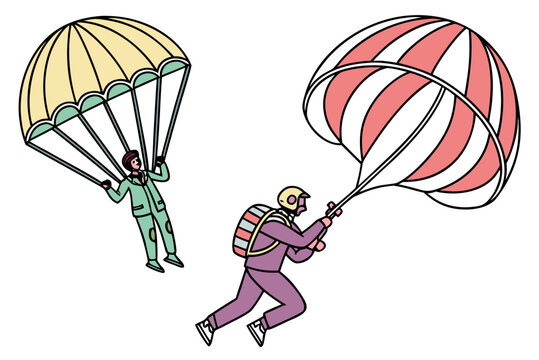 Cartoon parachuters in colorful outfits with parachutes funny