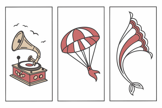 Vintage style of a gramophone parachute and jellyfish cartoon