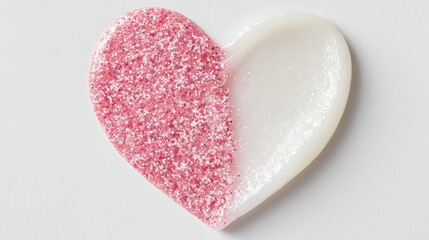 Obraz premium Heart shaped cosmetic swatches showing a pink glitter makeup product and a white creamy skincare texture, symbolizing love and beauty