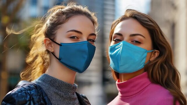 Protected in the City: Two women in protective masks stand confidently on a city street, conveying a sense of vigilance and adaptability in an urban environment.