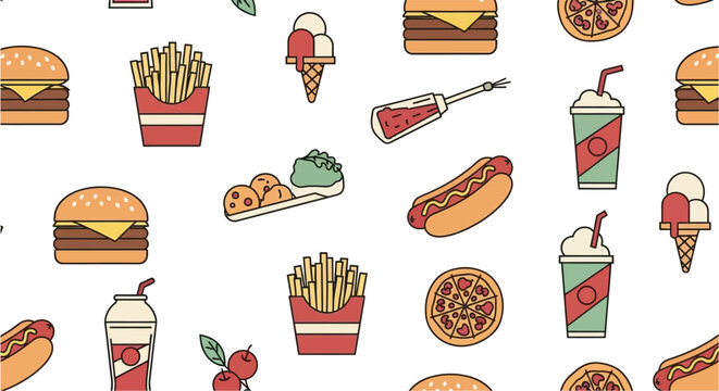 Seamless pattern featuring a variety of colorful fast food items like burgers, fries, hot dogs, ice cream, and drinks on a white background.