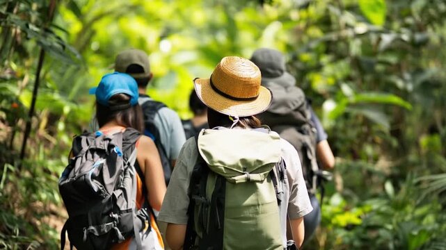 Adventurous Path: A group of explorers embarks on a journey along a lush, green trail, immersing themselves in the vibrant beauty of the forest.