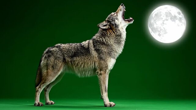 A wild wolf howling at the moon, full body shot, isolated on a solid green screen strong, wilderness, ominous