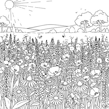 Black and white vector wildflower field illustration