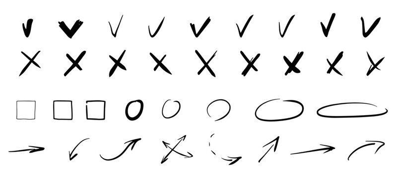 Check marks hand drawn doodle vector set. Handwriting charcoal pencil correct or incorrect symbols. Doodle vote strokes marks for check list items. 