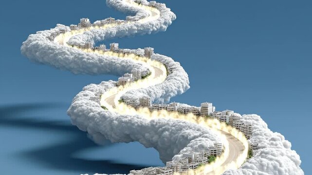 Floating cloud corridor with expanding urban infrastructure illustrating scalable enterprise cloud infrastructure development roadmap