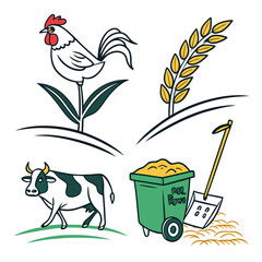 Farm animals and equipment rooster trash can shovel wheat © stock