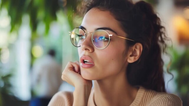 Contemplative Moment: A woman, her face illuminated by soft light, gazes thoughtfully. The image encapsulates moments of reflection and inner peace.