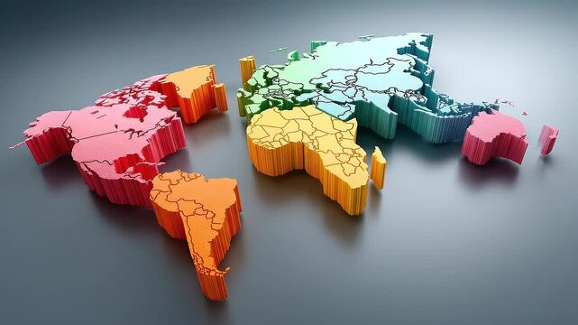 Floating Color-Coded World Map Platforms Representing Global Market Opportunities and Regional Economic Systems.
