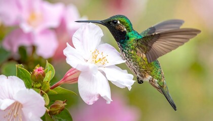 Fototapeta premium A vibrant hummingbird hovers near a delicate white flower, its iridescent feathers shimmering in the soft light.