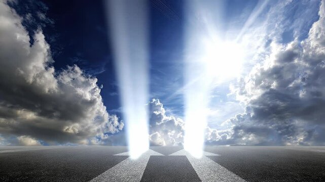 Directional roadway arrows rising into cloud horizon representing enterprise cloud migration roadmap and technology transition.