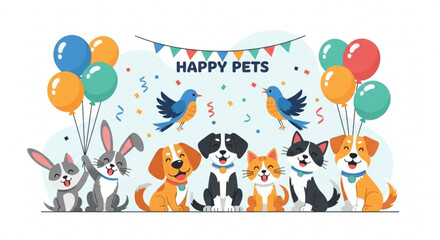 Fototapeta premium Joyful group of diverse cartoon pets including happy dogs playful cats and cute rabbits celebrating a festive occasion with colorful balloons and cheerful bunting flags overhead