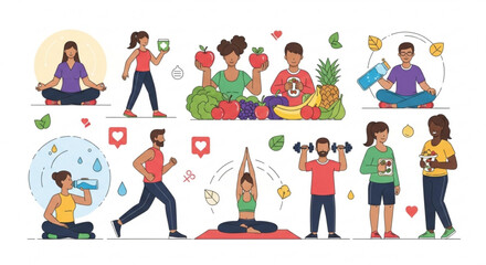 Fototapeta premium Diverse group of people embracing healthy lifestyle with yoga exercise meditation and fresh organic fruits and vegetables promoting wellness and vitality in a vibrant colorful