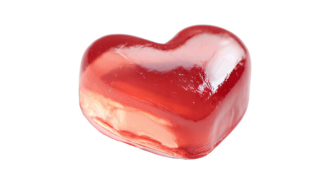 Red gummy heart candy showing reflective surface, translucent jelly sweet treat symbolising love, romance, and valentine's day, isolated on transparent background