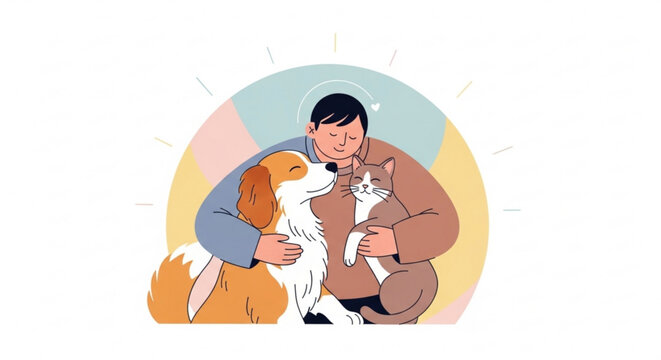 Warm embrace of a person holding a fluffy golden dog and a contented cat conveying unconditional love companionship and the joy of pet ownership set against a soft abstract pastel